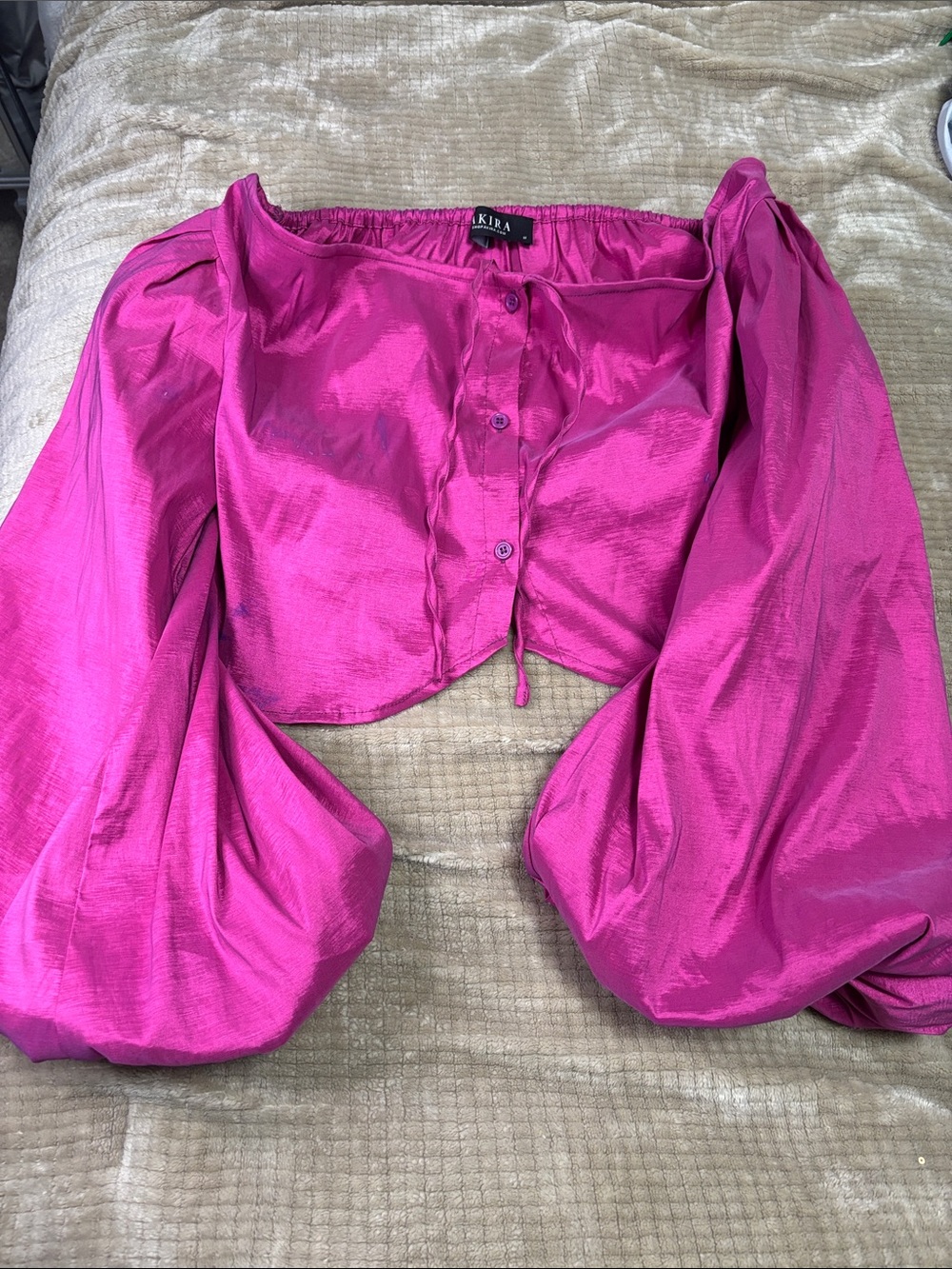 AKIRA Fuchsia Off-Shoulder Long Balloon Sleeve Crop Top